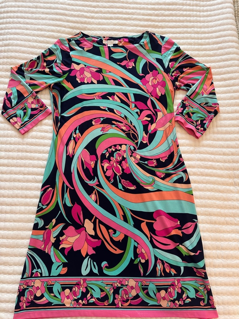 LONDON TIMES vibrant retro Navy Pink & Teal swirl shift 3/4 sleeve dress Sz 10 - Picture 2 of 9